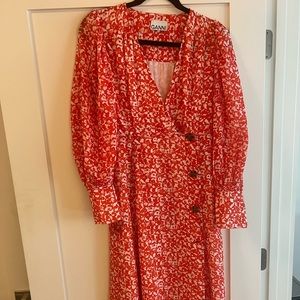 GANNI Printed crepe midi dress in Orange mini floral. Sz 38